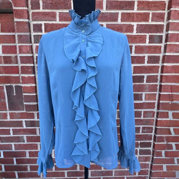 Sheer Feminine Blouse Teal Blue Medium Romantic Regal Ruffle - Picture 1 of 16